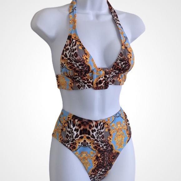 Fashion Design Blue High Waisted Halter Swimsuit - Picture 7 of 10